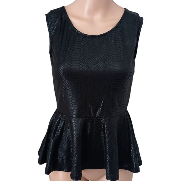 Y2K Faux Leather Peplum Top Sz S Witchy Embossed Zips Office Siren Corpcore - Picture 10 of 16